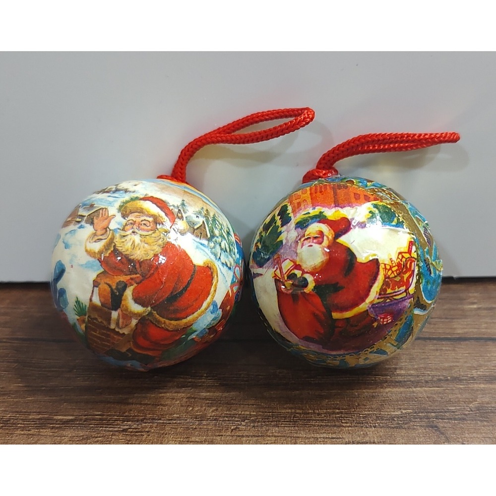 2 Piece Vint RETRO DECOUPAGE 1.25 Inch Ball Christmas Non-Break Ornaments B3